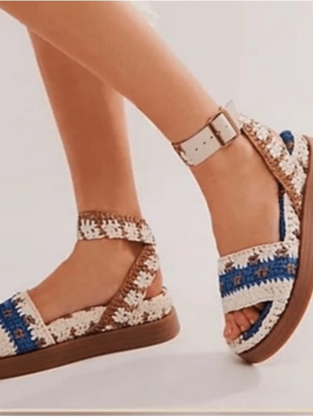 Free People Crochet Ankle-Strap Platform Sandals - Blue, Cream & Brown
